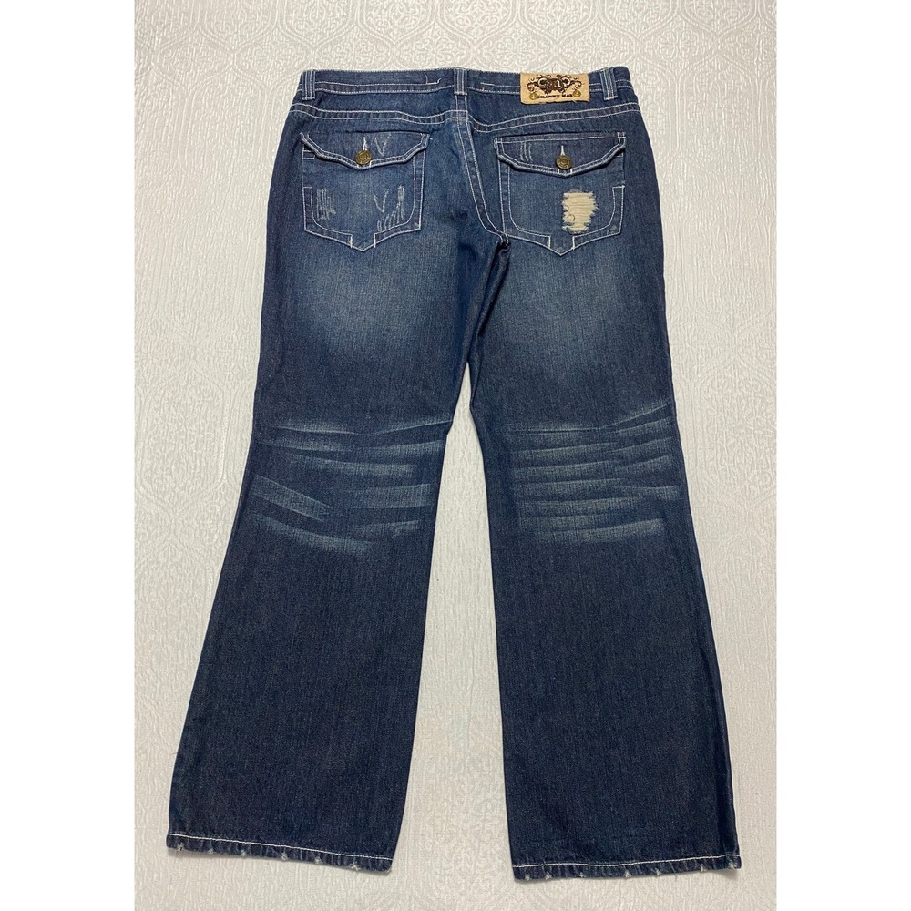 Franky Max Bootcut Jeans Men's Size‎ 40×32 Blue Distressed Flap Pockets Whiskers